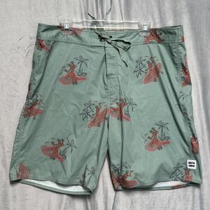 Brixton Shorts Mens 38 Green Tropical Hula Surfer Print Swim Trunks Boardshorts